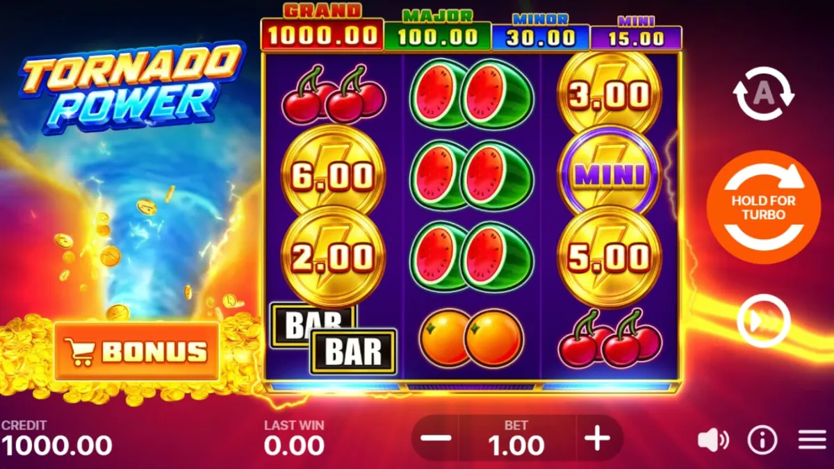 Giao diện trò chơi Tornado Power: Hold and Win với các biểu tượng trái cây và hiệu ứng sấm sét