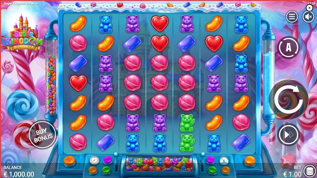 Giao diện trò chơi slot Sugar Kingdom Bonanza với các biểu tượng kẹo đầy màu sắc