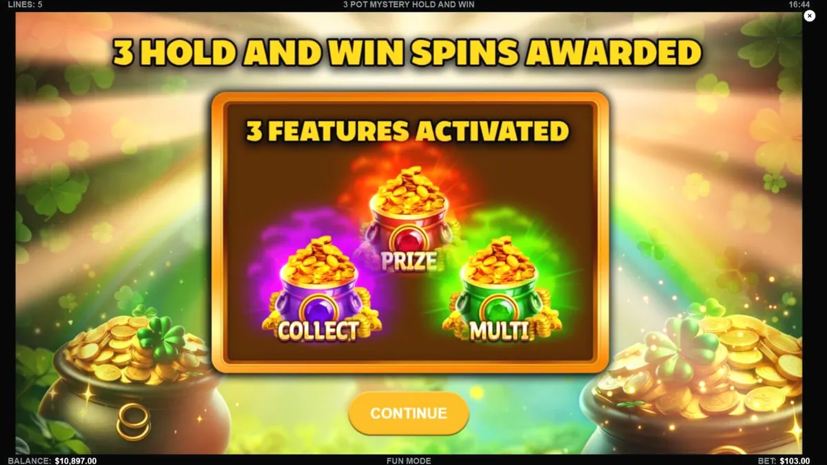 Giao diện trò chơi 3 Pot Mystery Hold and Win với các biểu tượng vàng rực rỡ